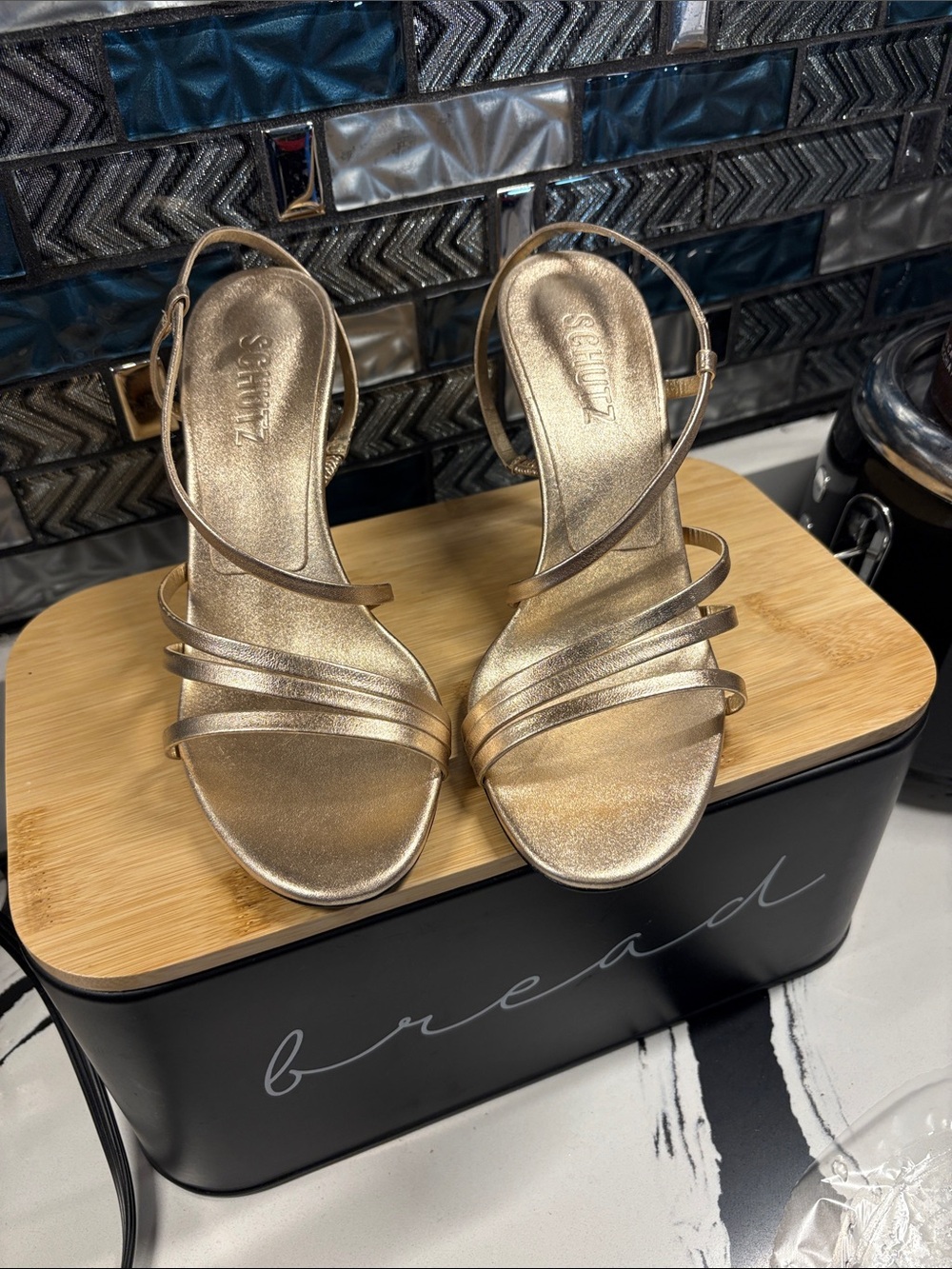 SCHUTZ Metallic Gold Strappy Heeled Sandals